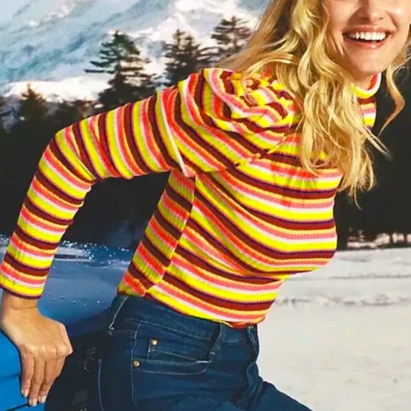 Anthro Maeve Bright Retro Neon Striped Puff Sleeve Turtleneck Top - Picture 4 of 15